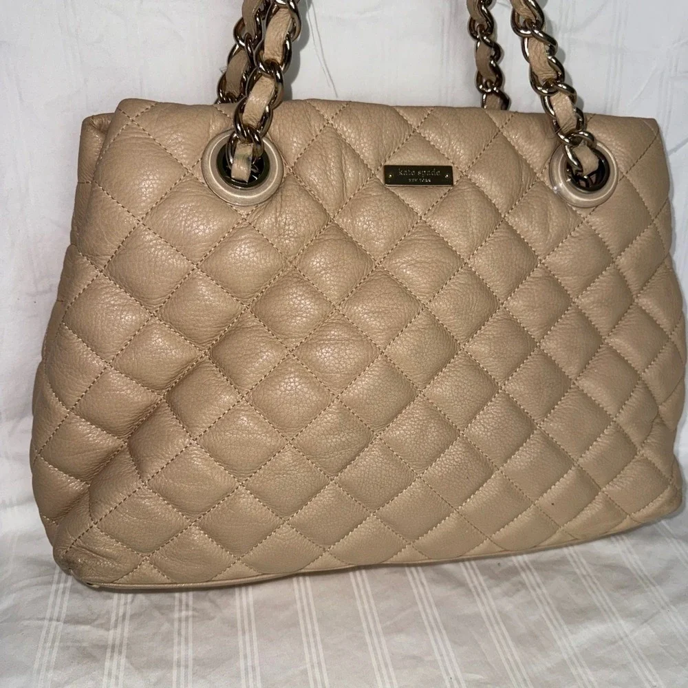 Kate‎ Spade New York Beige Quilted Leather Chain Strap Shoulder Tote Bag Large